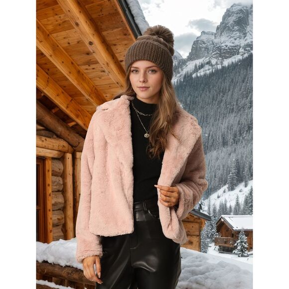 Winter Cropped Notch Lapel Long Sleeve Faux Fur Fluffy Coat Dusty Pink - Picture 2 of 6